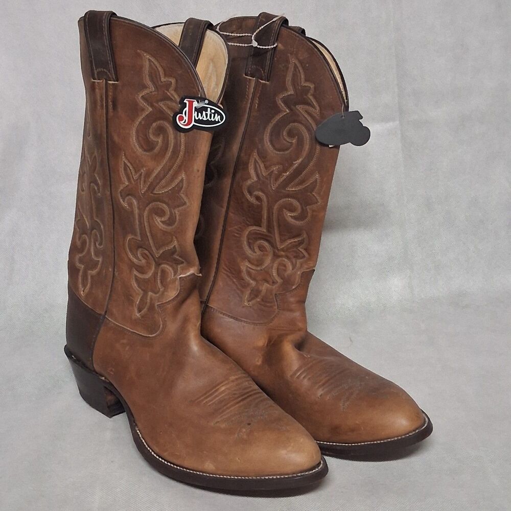 Justin Buck Bay Apache Cowboy Boots Brown 12 E Model 2253 New - CONDITION ISSUES